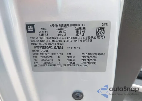 2012 Chevrolet Traverse 1Lt from USA, damaged, VIN 1GNKVGED8CJ139524